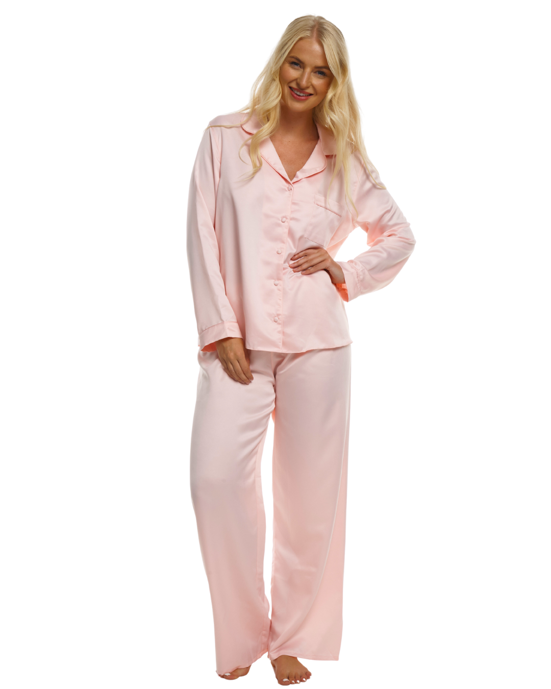 Ladies Blush Pink Satin Pyjamas