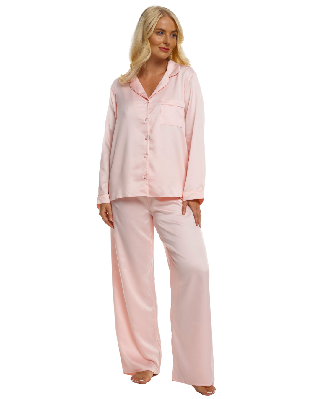 Ladies Blush Pink Satin Pyjamas