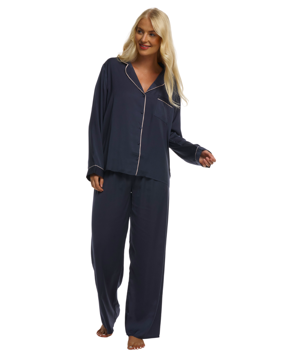 Ladies Navy Satin Pyjamas