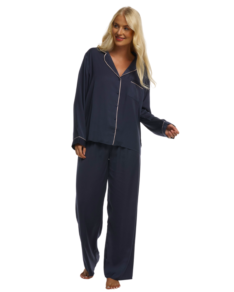 Ladies Navy Satin Pyjamas