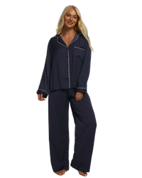 Ladies Navy Satin Pyjamas