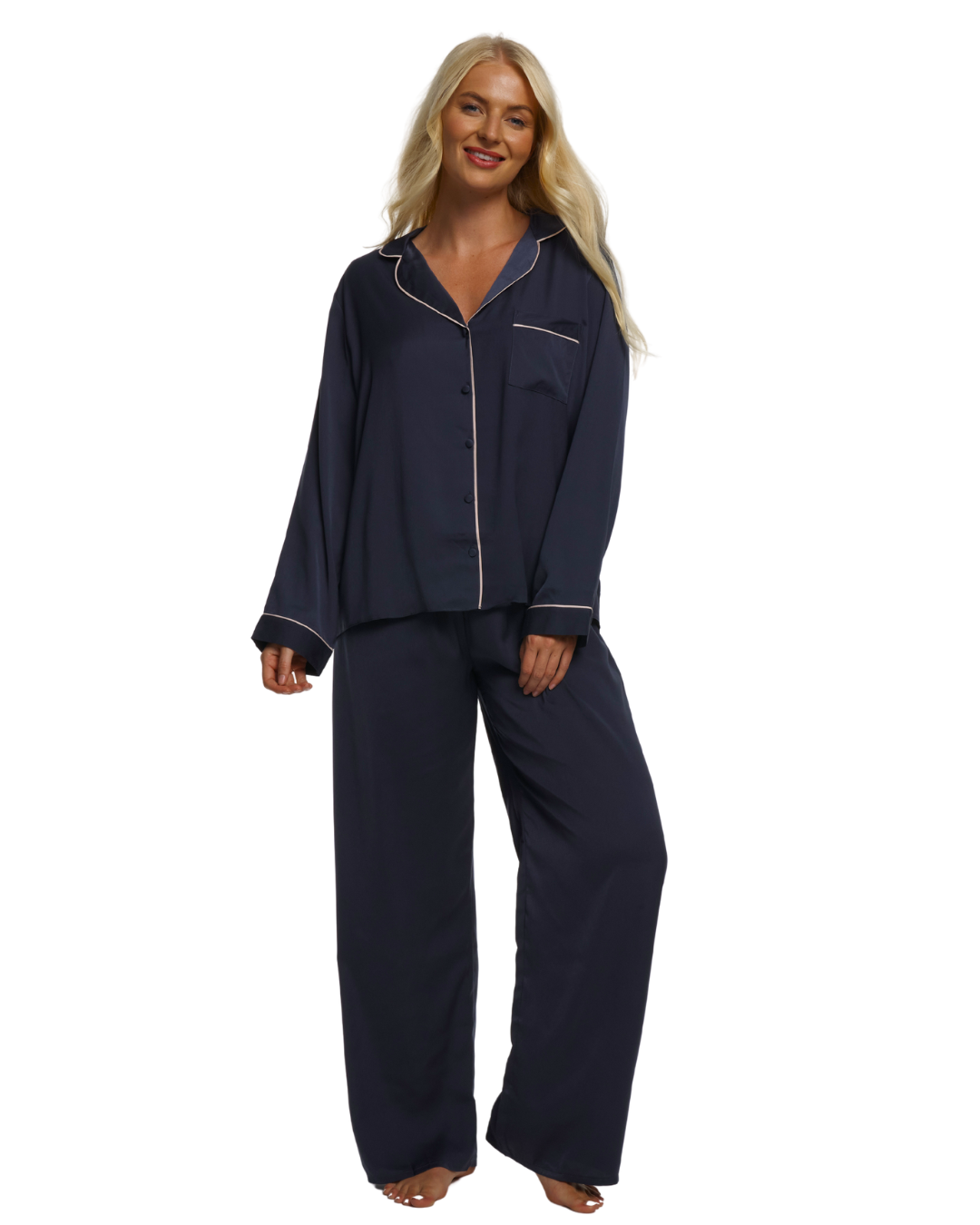 Ladies Navy Satin Pyjamas