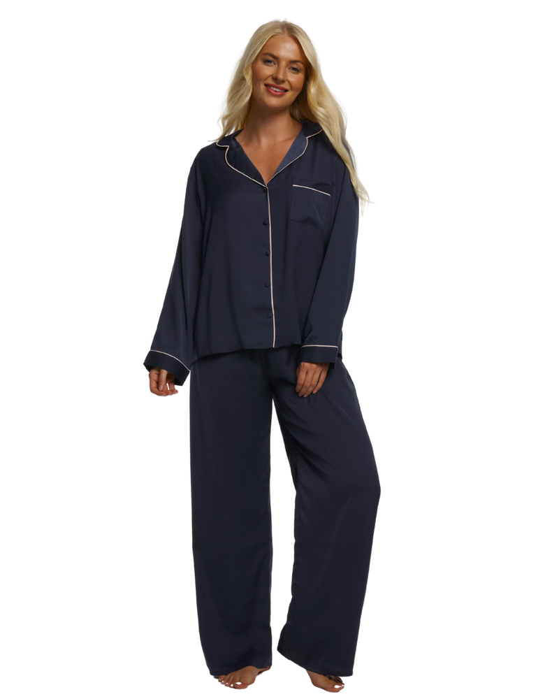 Ladies Navy Satin Pyjamas