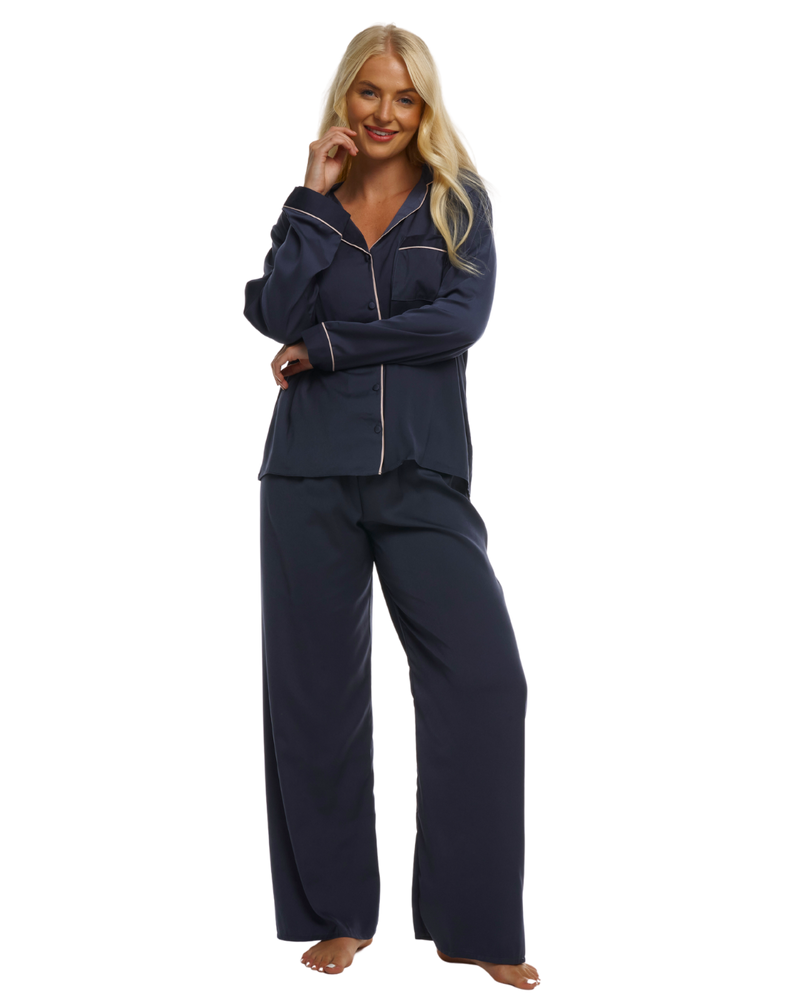 Ladies Navy Satin Pyjamas