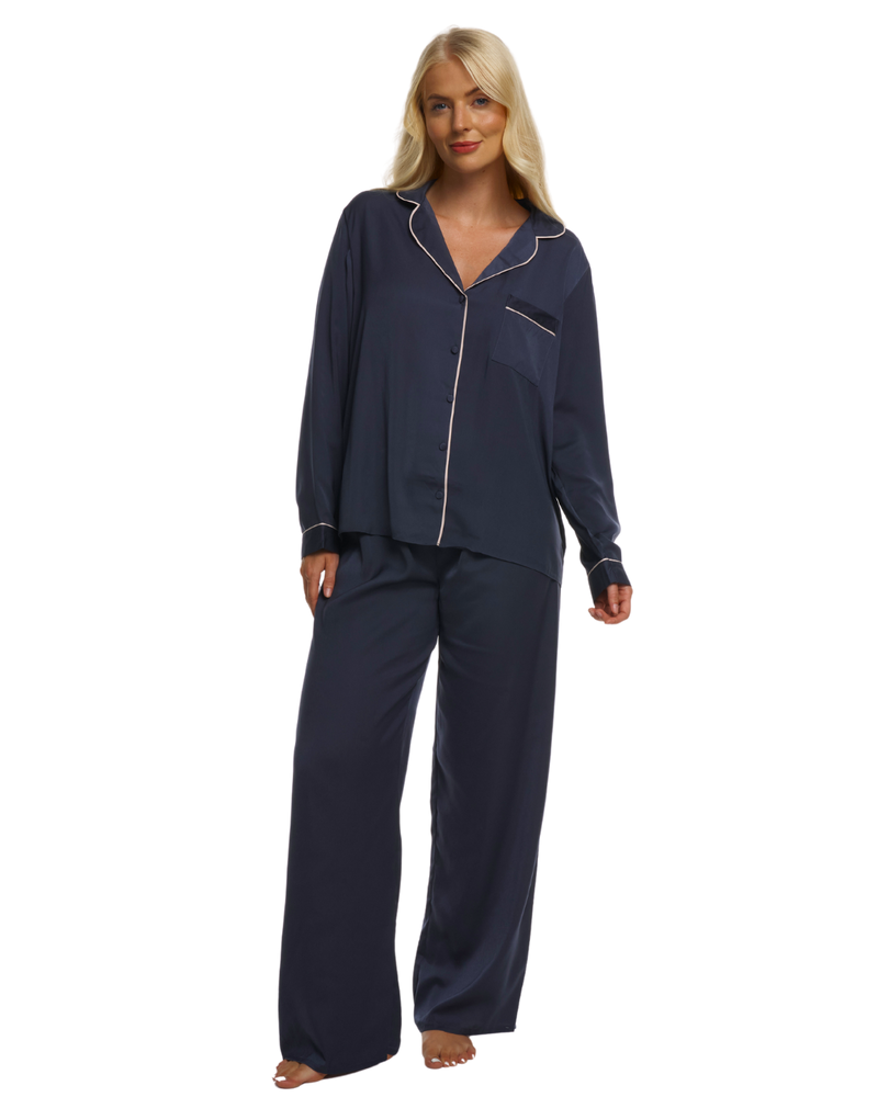Ladies Navy Satin Pyjamas