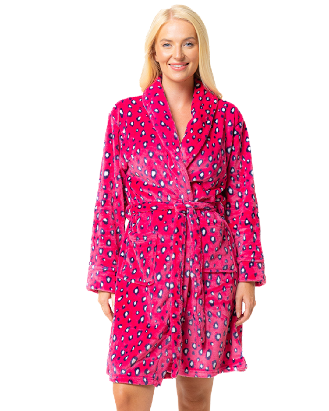 Women's Luxury Soft Animal Print Shawl Collar Tie Waist Mid Length Dressing Gown with Front Pockets