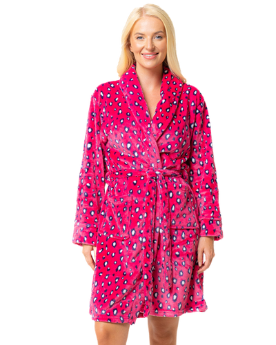 Women's Luxury Soft Animal Print Shawl Collar Tie Waist Mid Length Dressing Gown with Front Pockets