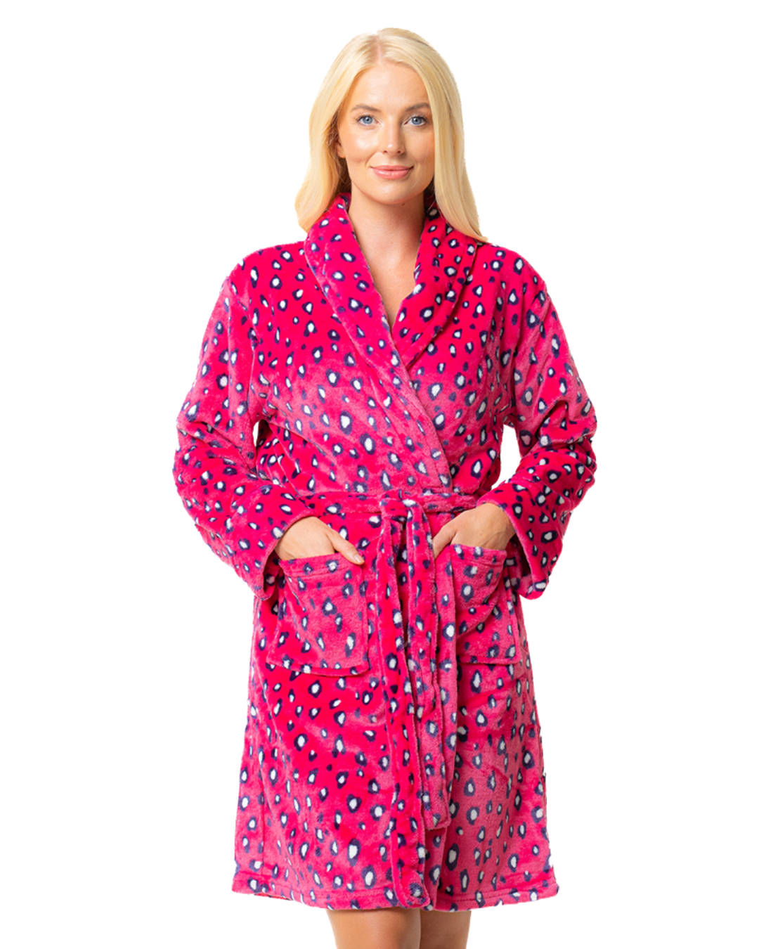 Women's Luxury Soft Animal Print Shawl Collar Tie Waist Mid Length Dressing Gown with Front Pockets