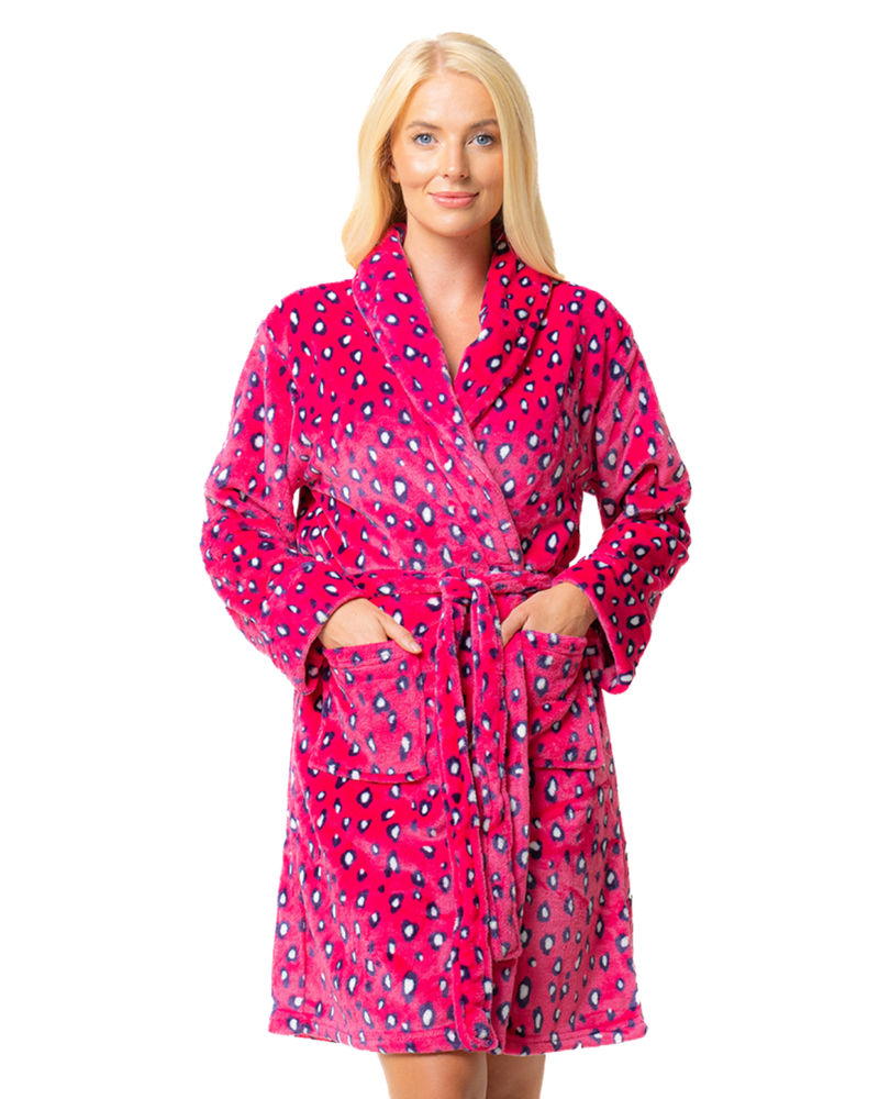 Women's Luxury Soft Animal Print Shawl Collar Tie Waist Mid Length Dressing Gown with Front Pockets