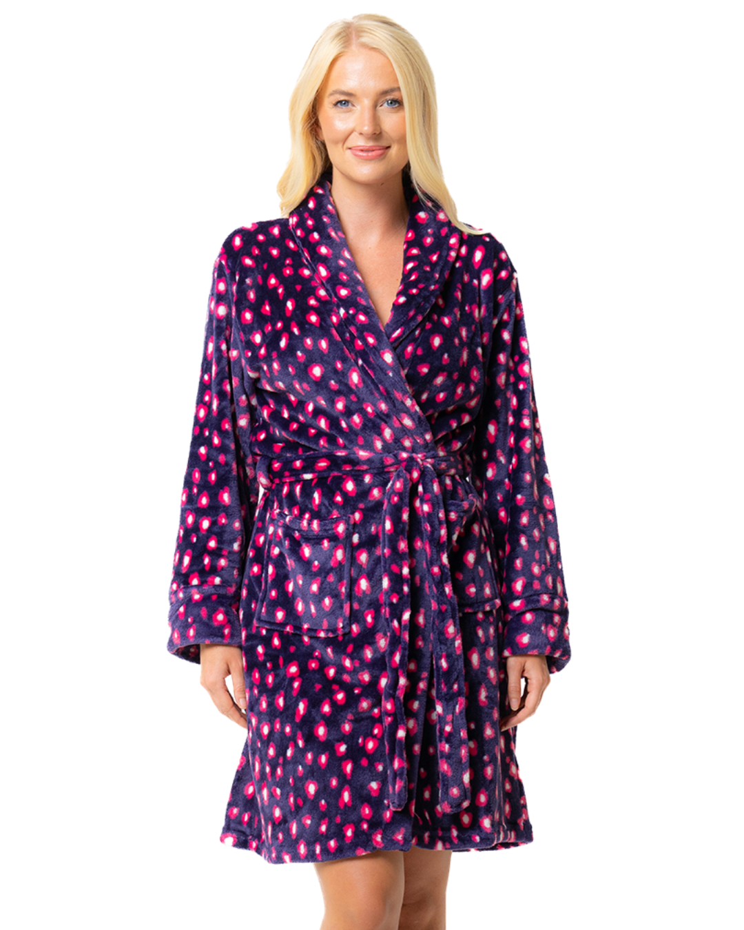 Women's Luxury Soft Animal Print Shawl Collar Tie Waist Mid Length Dressing Gown with Front Pockets