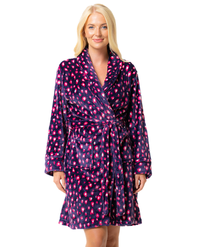 Women's Luxury Soft Animal Print Shawl Collar Tie Waist Mid Length Dressing Gown with Front Pockets