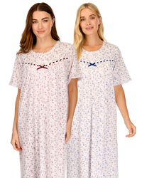 Velvet Rose Nightdress, Cotton Rich, Jersey, Short Sleeve, Button Detail with Bow