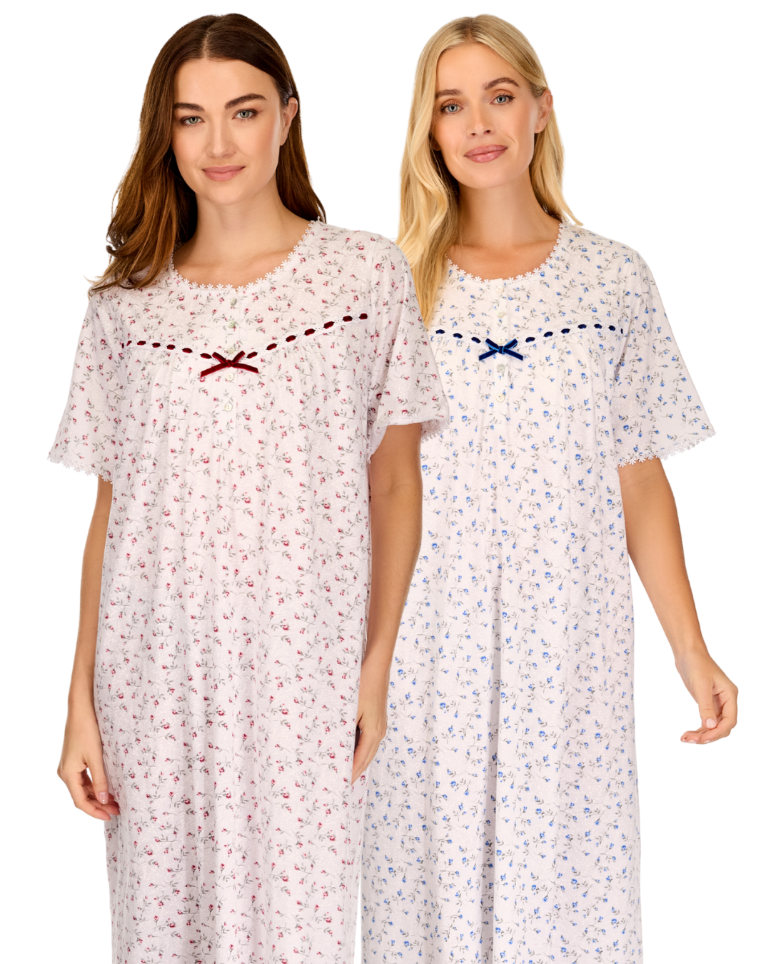 Velvet Rose Nightdress, Cotton Rich, Jersey, Short Sleeve, Button Detail with Bow