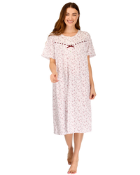 Velvet Rose Nightdress, Cotton Rich, Jersey, Short Sleeve, Button Detail with Bow