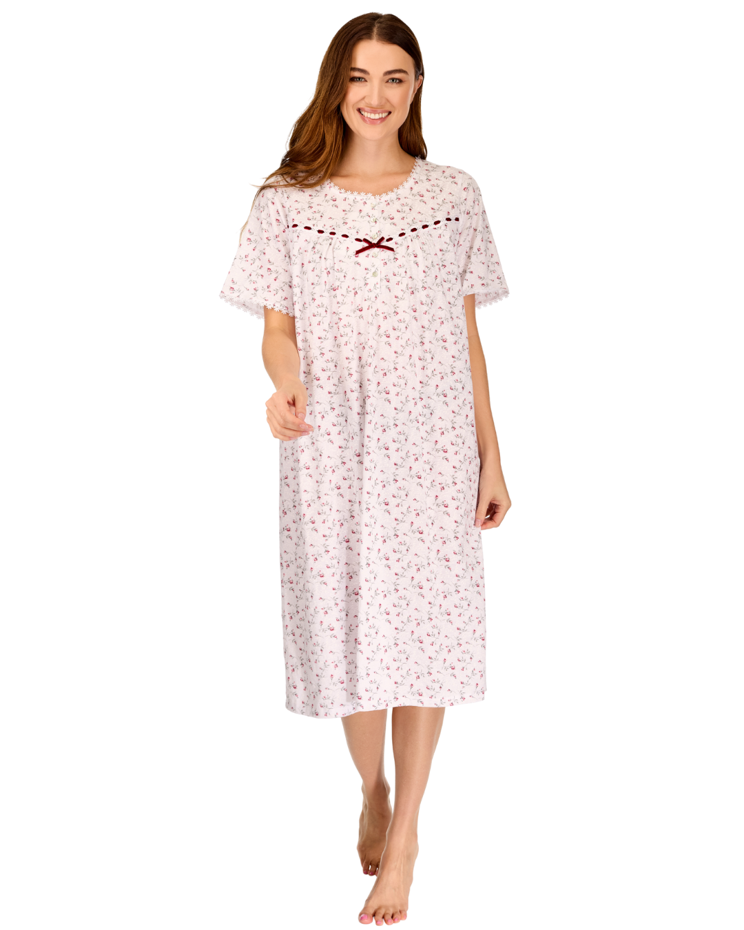 Velvet Rose Nightdress, Cotton Rich, Jersey, Short Sleeve, Button Detail with Bow