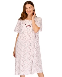 Velvet Rose Nightdress, Cotton Rich, Jersey, Short Sleeve, Button Detail with Bow