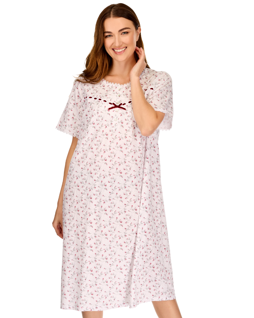 Velvet Rose Nightdress, Cotton Rich, Jersey, Short Sleeve, Button Detail with Bow