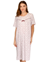Velvet Rose Nightdress, Cotton Rich, Jersey, Short Sleeve, Button Detail with Bow