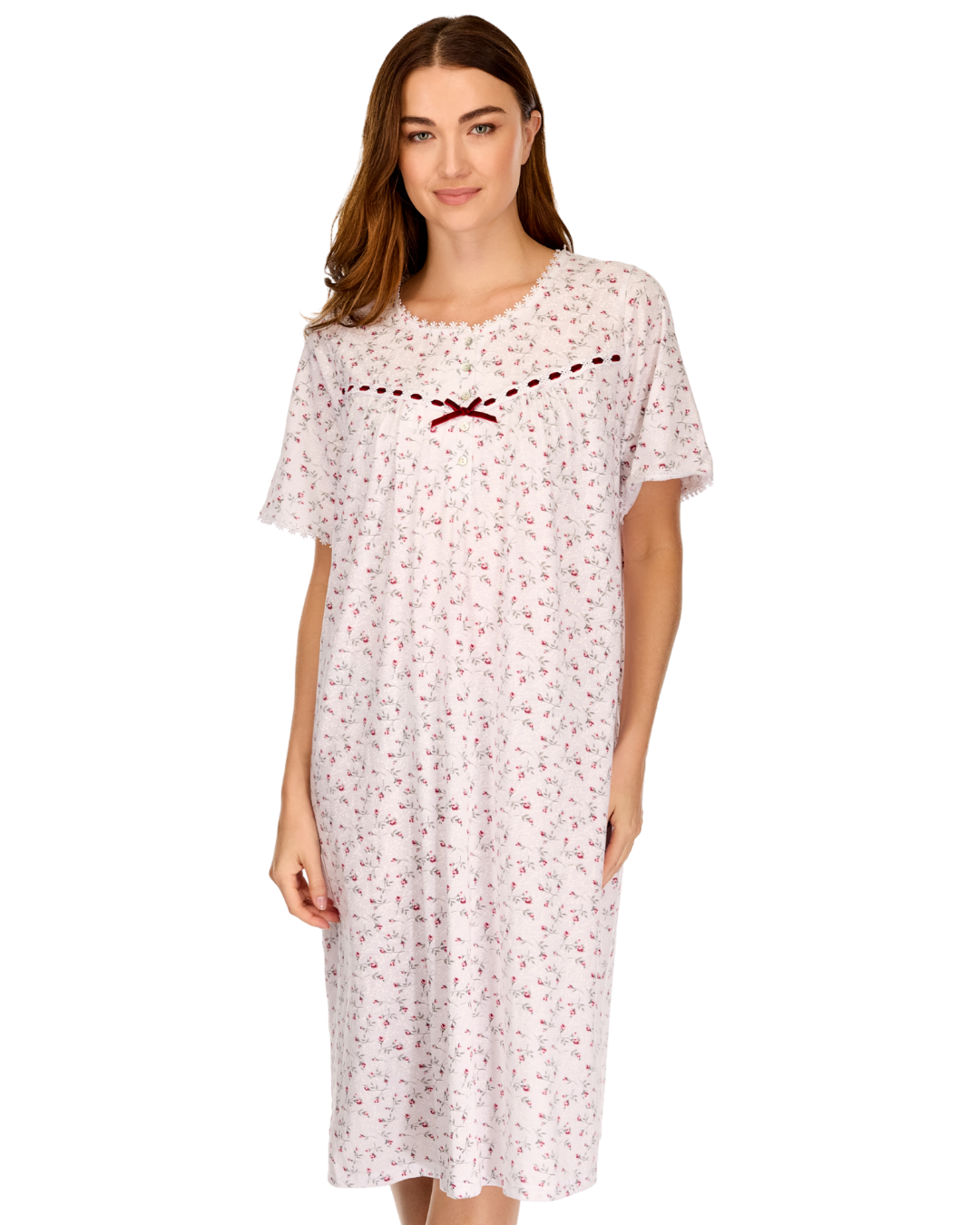 Velvet Rose Nightdress, Cotton Rich, Jersey, Short Sleeve, Button Detail with Bow