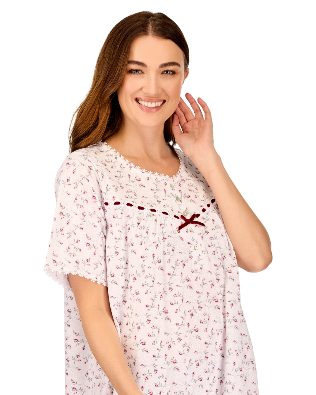 Velvet Rose Nightdress, Cotton Rich, Jersey, Short Sleeve, Button Detail with Bow
