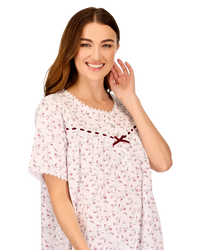 Velvet Rose Nightdress, Cotton Rich, Jersey, Short Sleeve, Button Detail with Bow