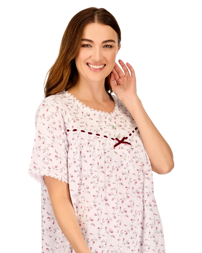 Velvet Rose Nightdress, Cotton Rich, Jersey, Short Sleeve, Button Detail with Bow