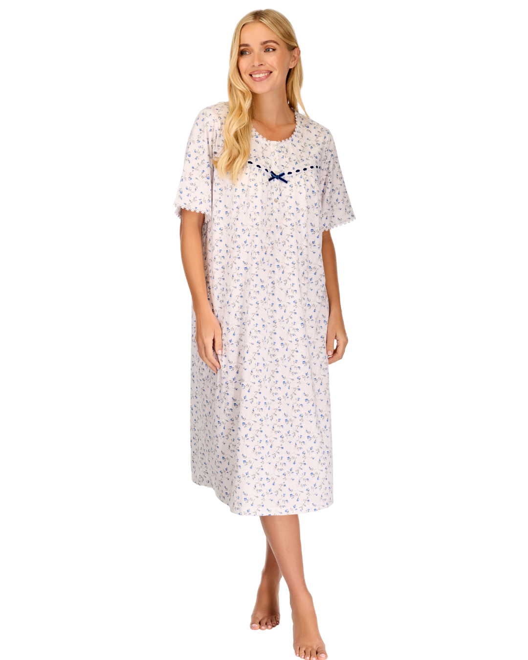 Velvet Rose Nightdress, Cotton Rich, Jersey, Short Sleeve, Button Detail with Bow