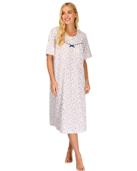 Velvet Rose Nightdress, Cotton Rich, Jersey, Short Sleeve, Button Detail with Bow