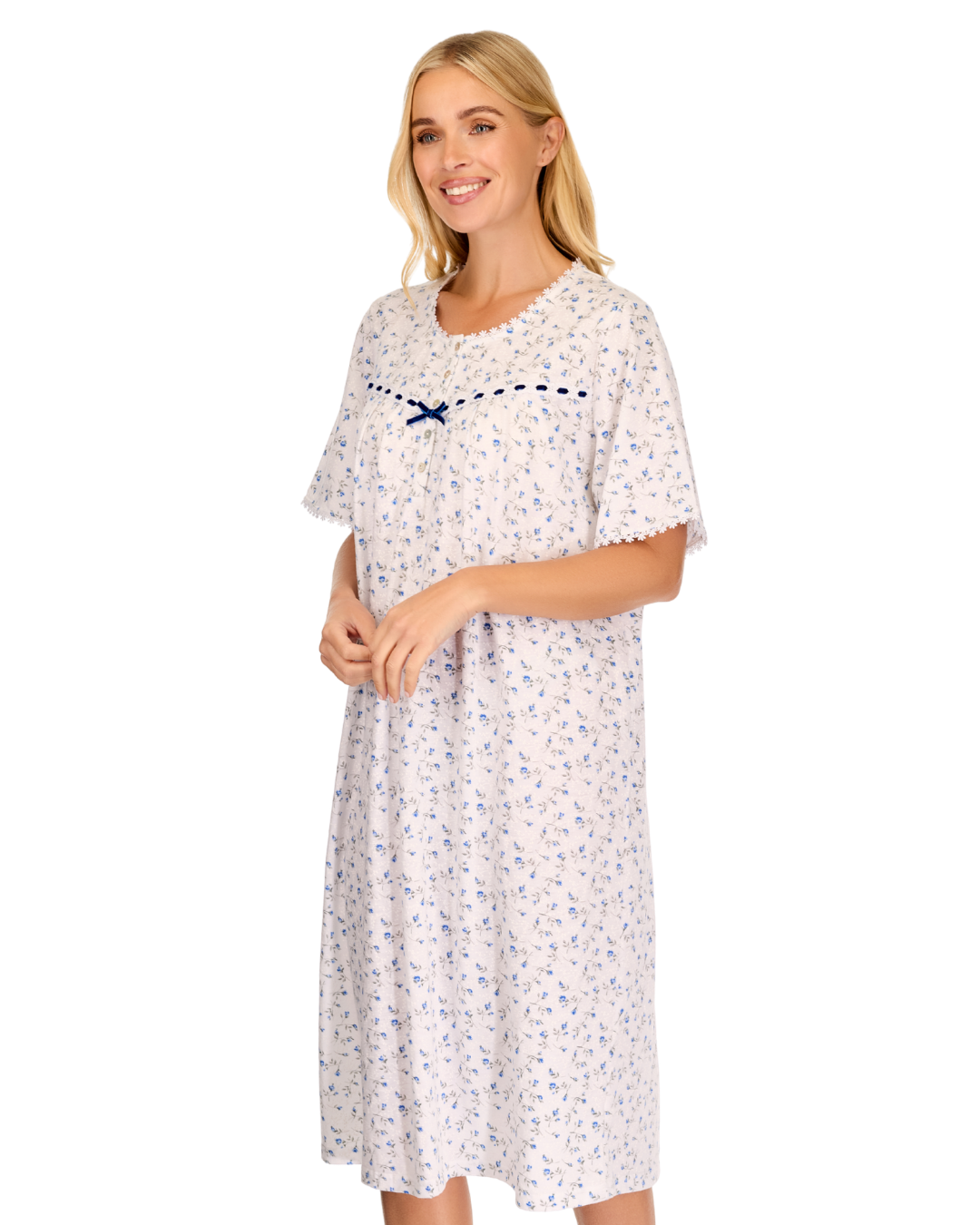 Velvet Rose Nightdress, Cotton Rich, Jersey, Short Sleeve, Button Detail with Bow
