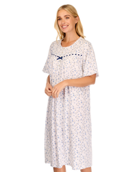 Velvet Rose Nightdress, Cotton Rich, Jersey, Short Sleeve, Button Detail with Bow