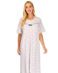 Velvet Rose Nightdress, Cotton Rich, Jersey, Short Sleeve, Button Detail with Bow