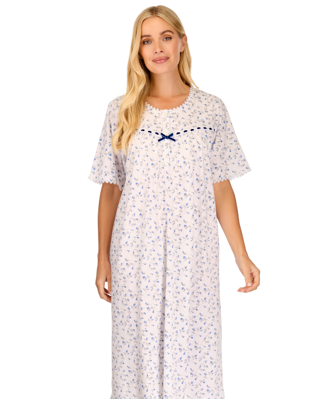 Velvet Rose Nightdress, Cotton Rich, Jersey, Short Sleeve, Button Detail with Bow