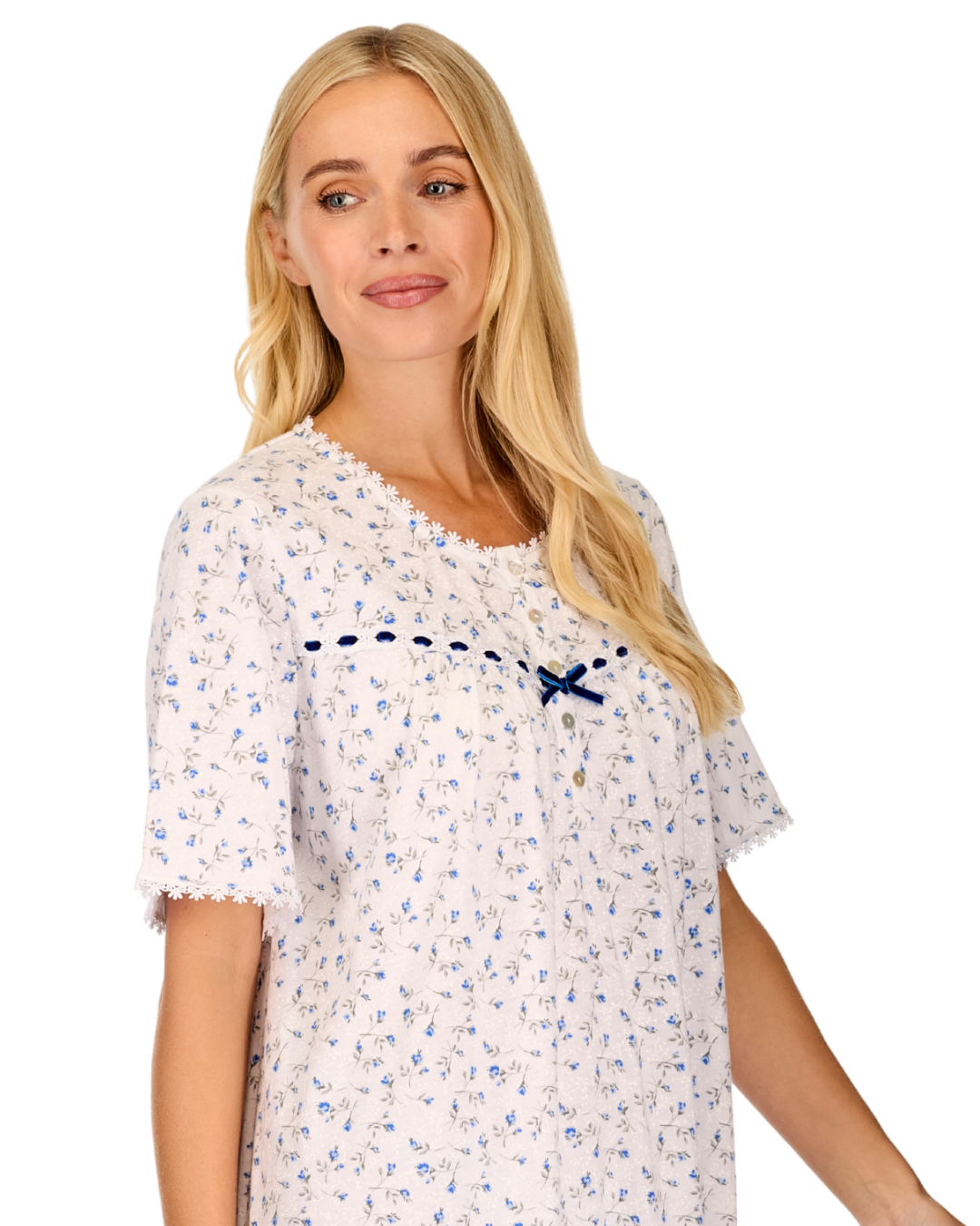Velvet Rose Nightdress, Cotton Rich, Jersey, Short Sleeve, Button Detail with Bow