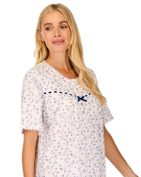 Velvet Rose Nightdress, Cotton Rich, Jersey, Short Sleeve, Button Detail with Bow