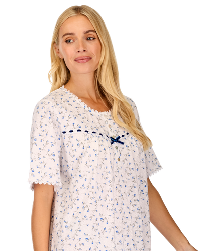 Velvet Rose Nightdress, Cotton Rich, Jersey, Short Sleeve, Button Detail with Bow