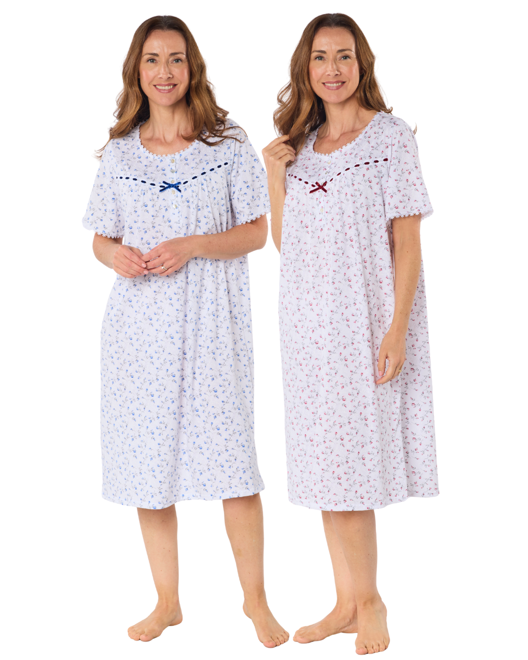 Velvet Rose Nightdress, Cotton Rich, Jersey, Short Sleeve, Button Detail with Bow