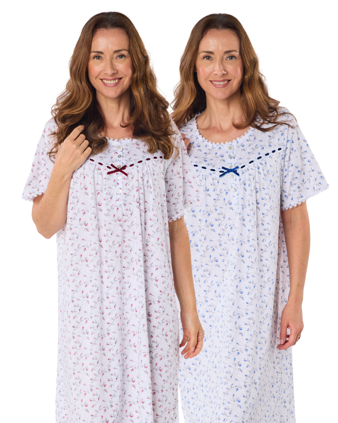 Velvet Rose Nightdress, Cotton Rich, Jersey, Short Sleeve, Button Detail with Bow