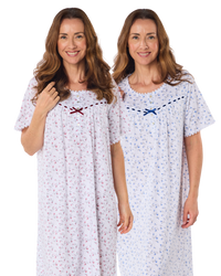 Velvet Rose Nightdress, Cotton Rich, Jersey, Short Sleeve, Button Detail with Bow