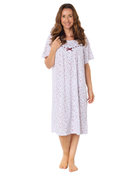 Velvet Rose Nightdress, Cotton Rich, Jersey, Short Sleeve, Button Detail with Bow