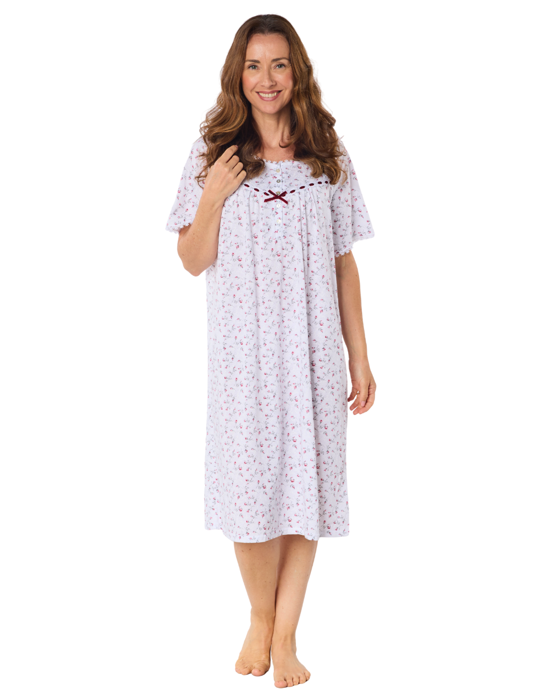 Velvet Rose Nightdress, Cotton Rich, Jersey, Short Sleeve, Button Detail with Bow