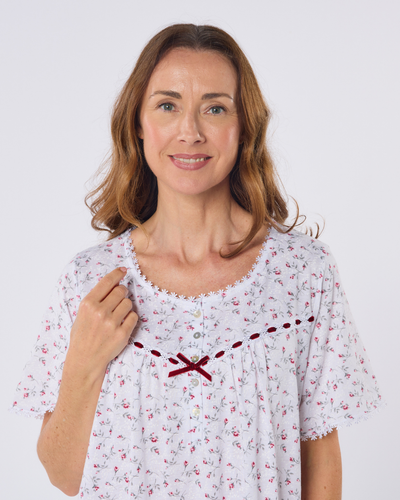 Velvet Rose Nightdress, Cotton Rich, Jersey, Short Sleeve, Button Detail with Bow