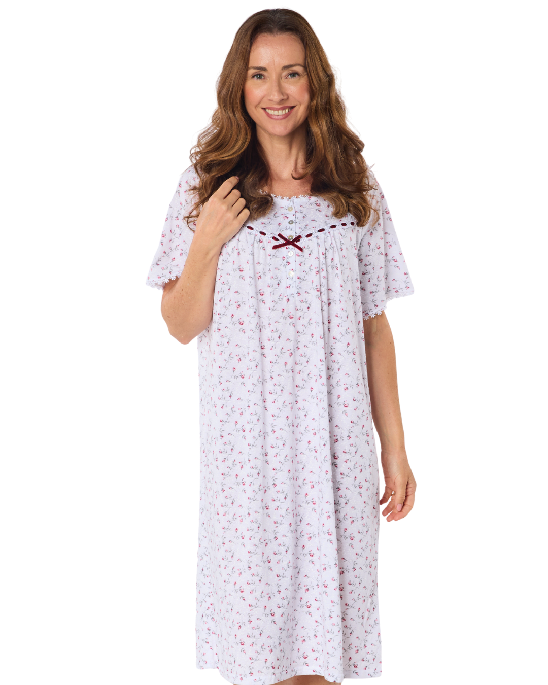 Velvet Rose Nightdress, Cotton Rich, Jersey, Short Sleeve, Button Detail with Bow