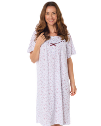 Velvet Rose Nightdress, Cotton Rich, Jersey, Short Sleeve, Button Detail with Bow