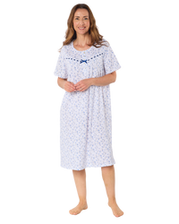 Velvet Rose Nightdress, Cotton Rich, Jersey, Short Sleeve, Button Detail with Bow