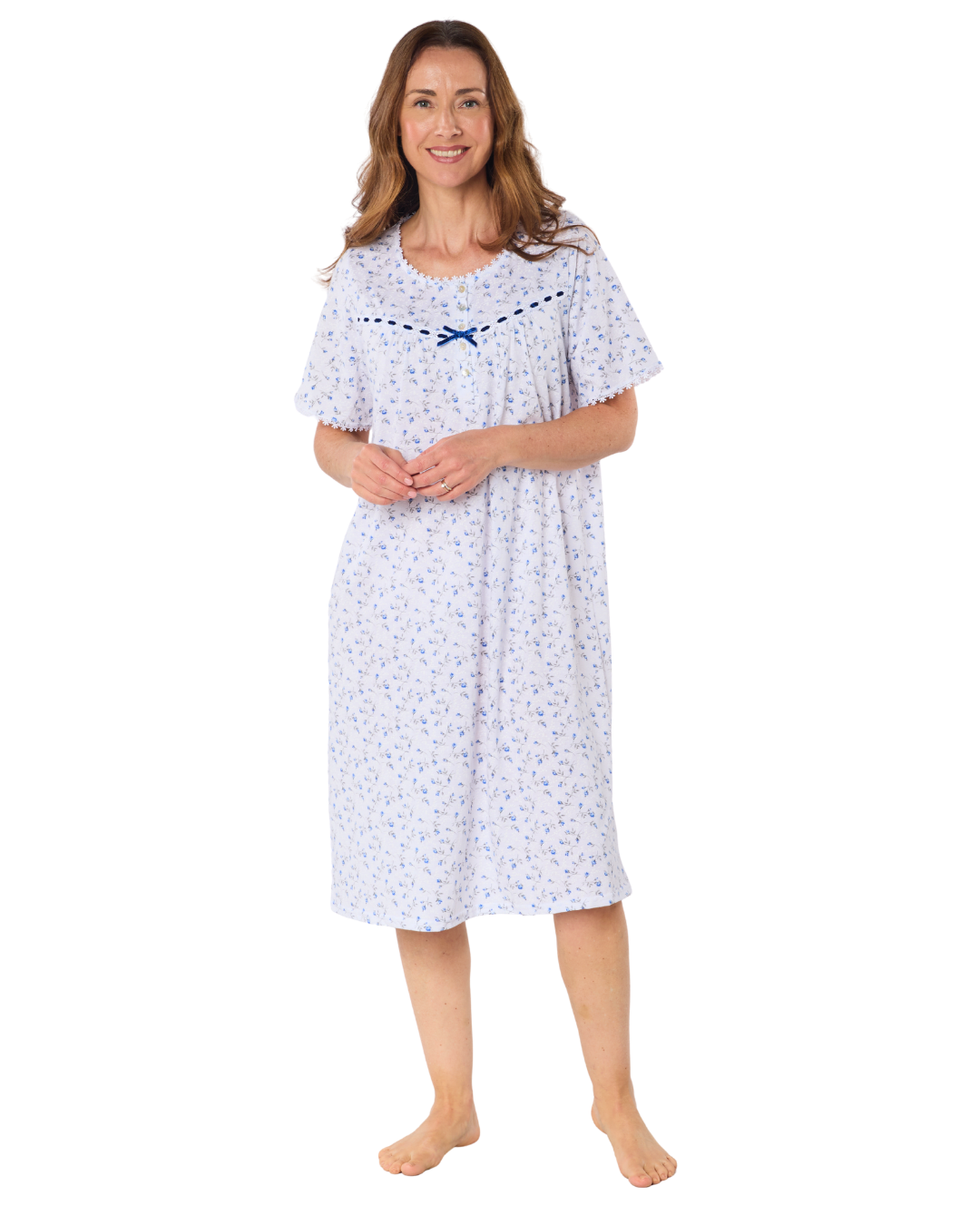 Velvet Rose Nightdress, Cotton Rich, Jersey, Short Sleeve, Button Detail with Bow