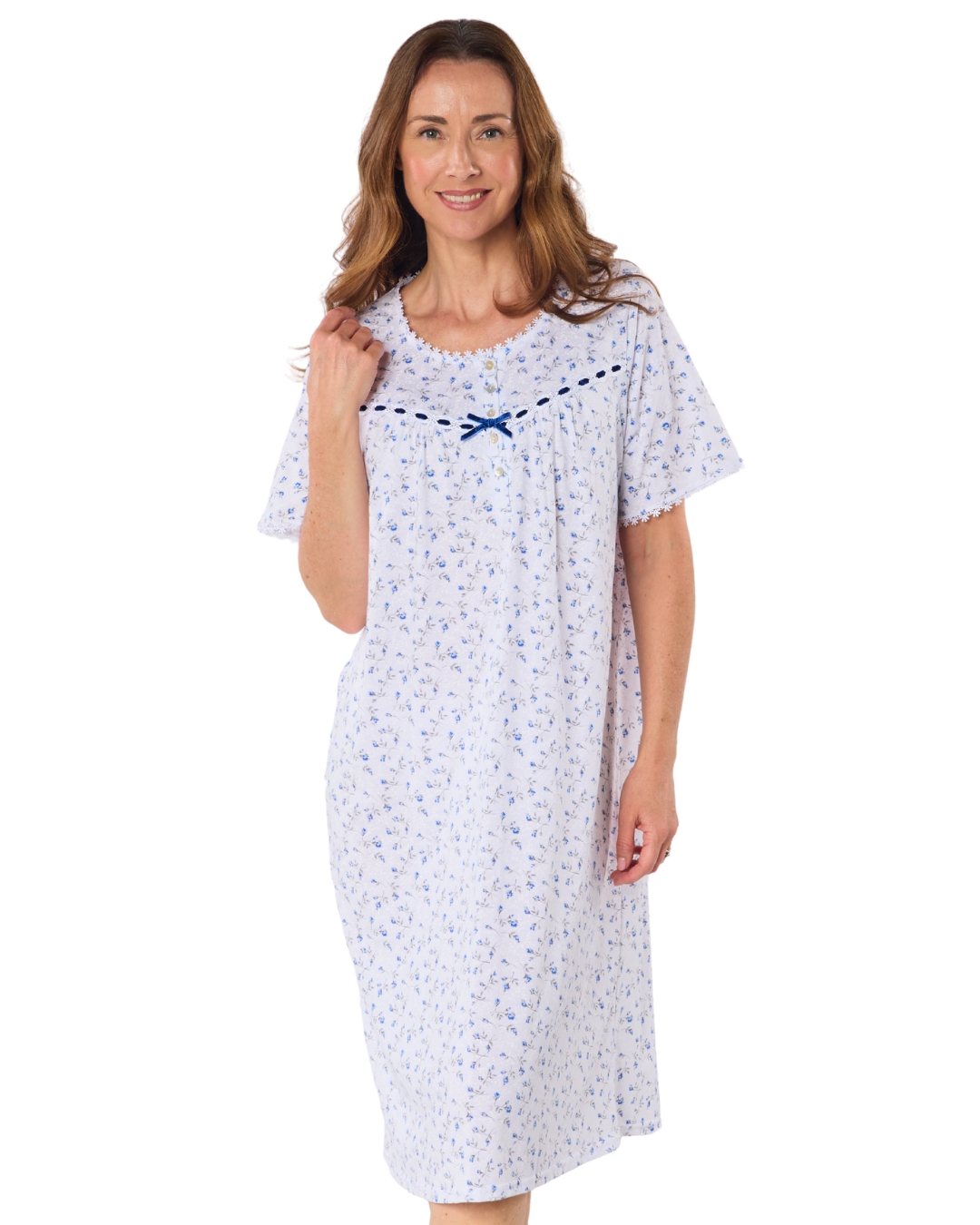 Velvet Rose Nightdress, Cotton Rich, Jersey, Short Sleeve, Button Detail with Bow