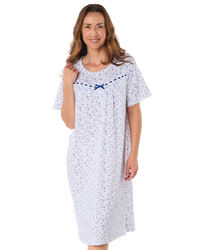 Velvet Rose Nightdress, Cotton Rich, Jersey, Short Sleeve, Button Detail with Bow