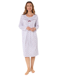 Velvet Rose Nightdress, Cotton Rich, Jersey, Long Sleeve, Button Detail with Bow