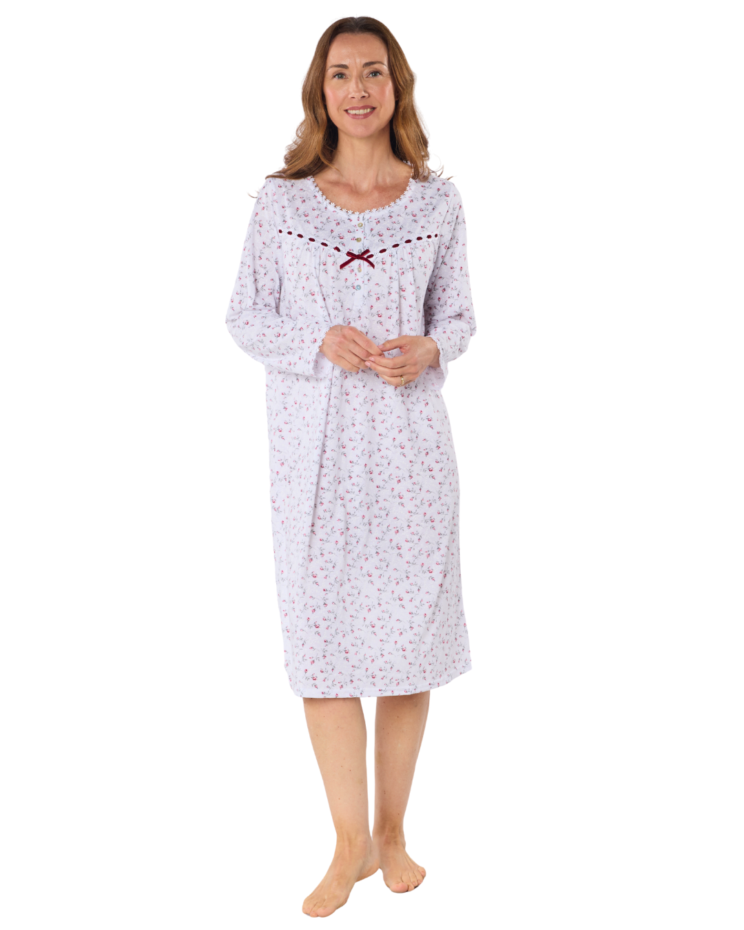 Velvet Rose Nightdress, Cotton Rich, Jersey, Long Sleeve, Button Detail with Bow