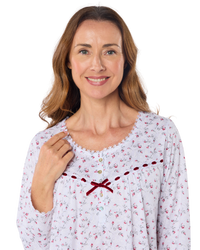 Velvet Rose Nightdress, Cotton Rich, Jersey, Long Sleeve, Button Detail with Bow